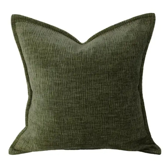 Kyriad-chenille-olive-green-textured-square-cushion-with-feather-insert-at-albury-house-interiors