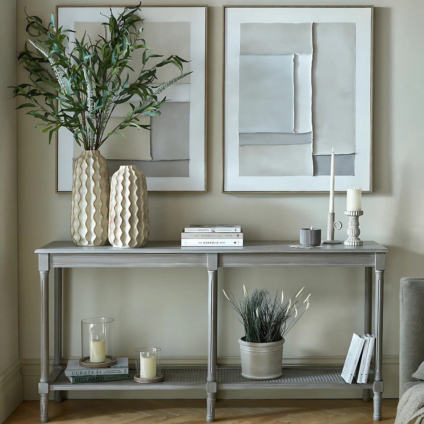 Crafted from natural wood, the large Belgrave console table features delicate legs with small details and a rattan shelf, for extra storage and display space. Available to purchase from Albury House Interiors. 