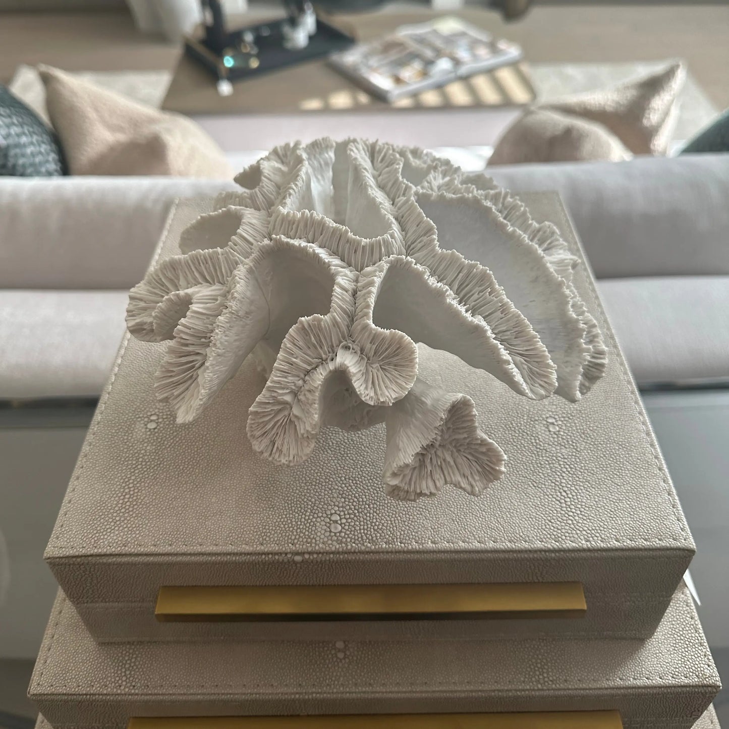 Large decorative white faux coral as used bye interior designers available to purchase at Albury House Interiors. Luxury homewares in the UK. 