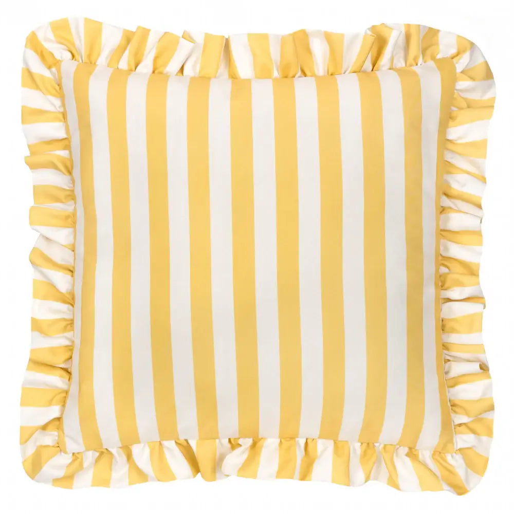 lemon-yellow-and-whte-striped-outdoor-square-cushion-with-ruffled-edge-at-albury-house-interiors