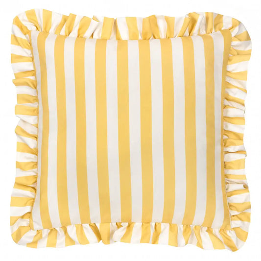 lemon-yellow-and-whte-striped-outdoor-square-cushion-with-ruffled-edge-at-albury-house-interiors