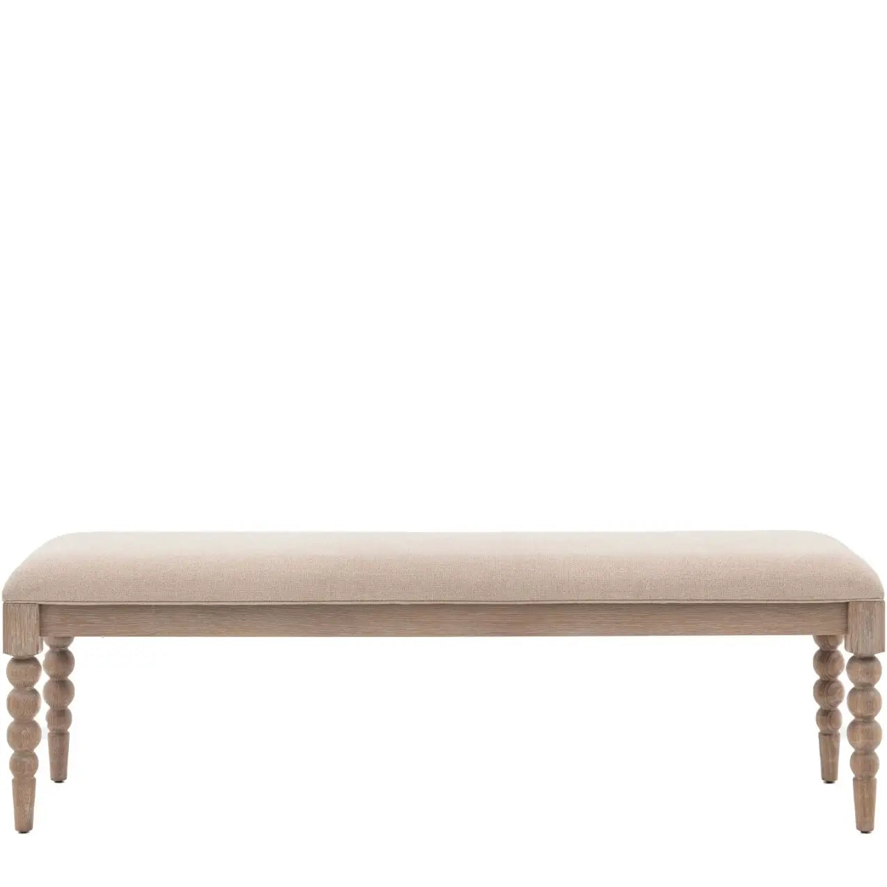 lime-washed-oak-dining-bench-bobbin-round-detailed-legs-with-biscuit-neutral-fabric-upholstery-at-albury-house-interiors-giftware-and-homeware-shop-in-essex