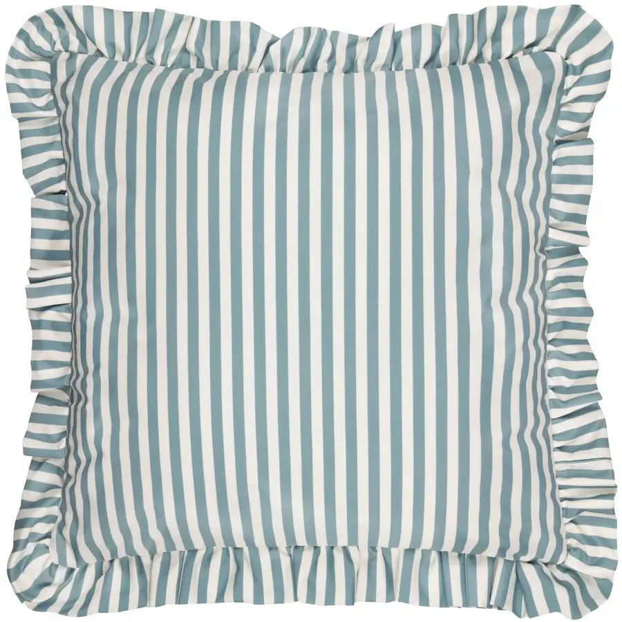 lottie-square-water-resistant-outdoor-cushion-with-white-and-duck-egg-blue-striped-and-ruffled-detail-edge-at-albury-house-interiors