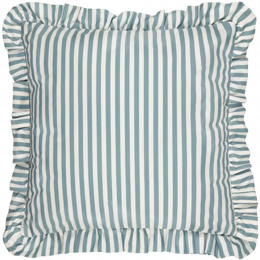 lottie-square-water-resistant-outdoor-cushion-with-white-and-duck-egg-blue-striped-and-ruffled-detail-edge-at-albury-house-interiors