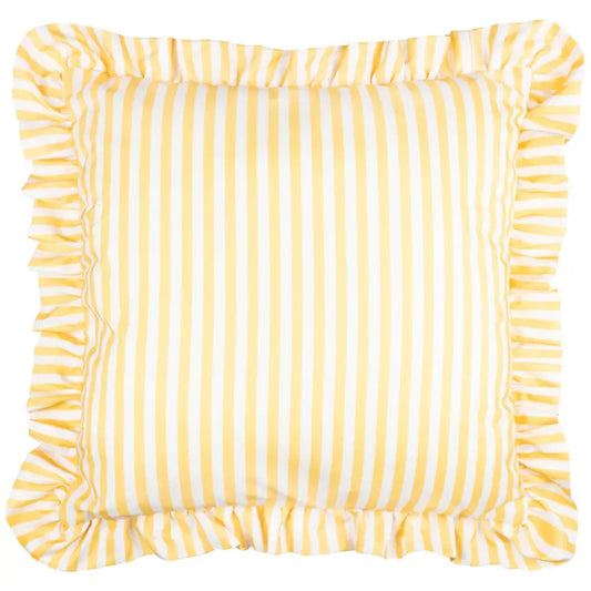 lottie-square-polyester-outdoor-cushion-with-white-and-lemon-yellow-striped-and-ruffle-detail-edge-at-albury-house-interiors