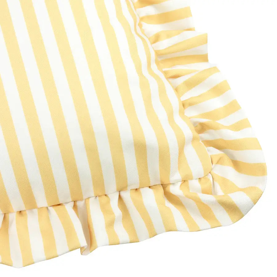 lottie-square-polyester-outdoor-cushion-with-white-and-lemon-yellow-striped-and-ruffle-detail-edge-at-albury-house-interiors