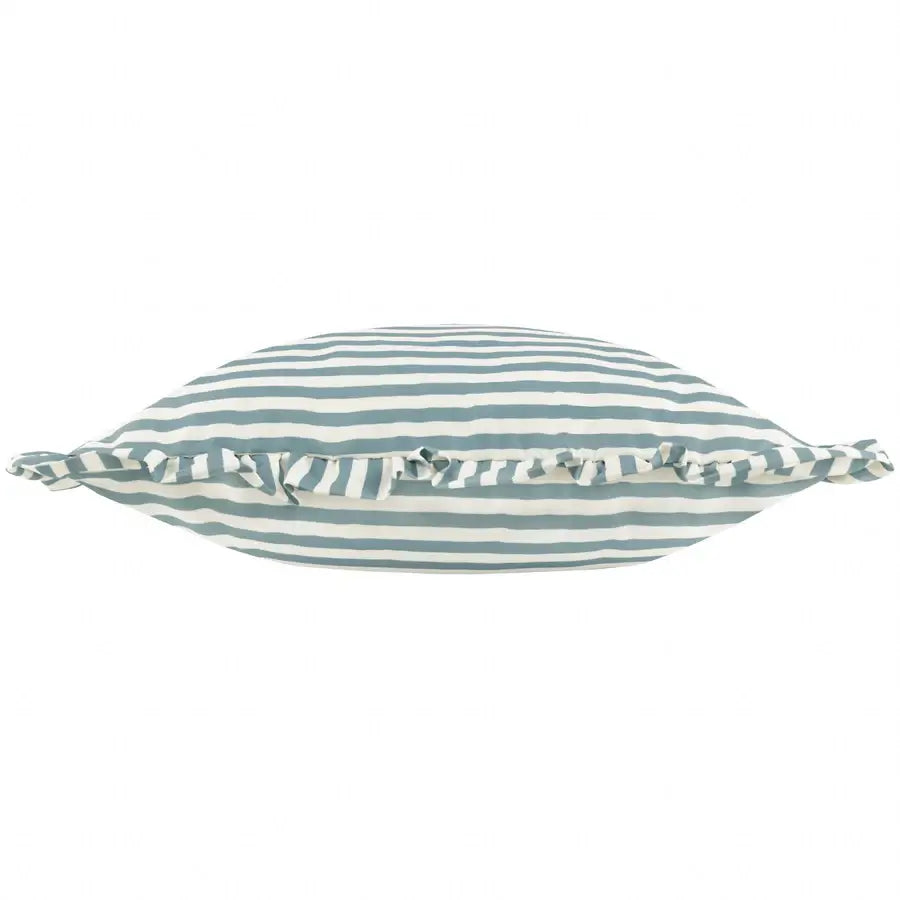 lottie-square-water-resistant-outdoor-cushion-with-white-and-duck-egg-blue-striped-and-ruffled-detail-edge-at-albury-house-interiors
