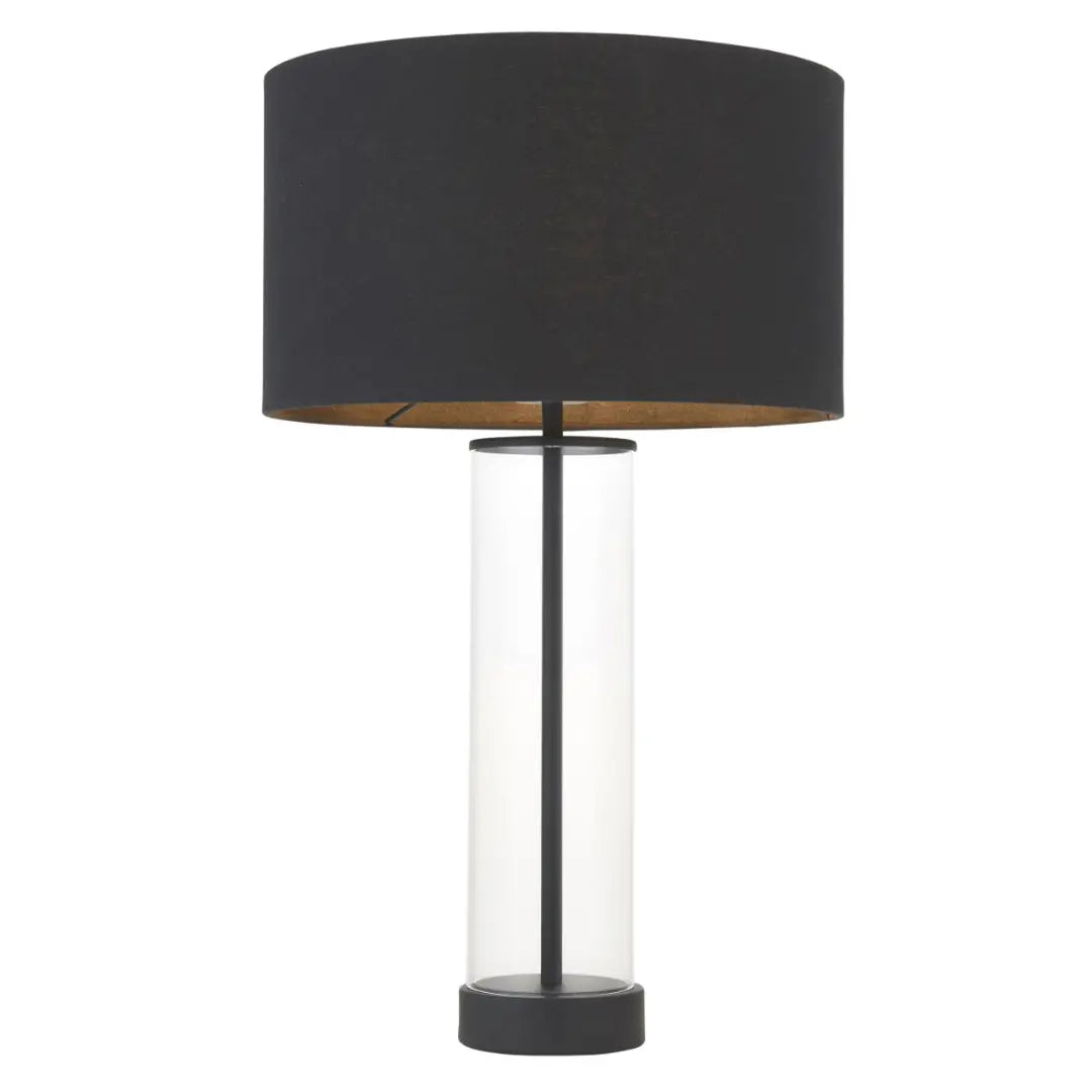 Louvre matt black iron and grass cylindrical table lamp, with matching black round shade. Perfect for living areas, bedrooms, dining rooms and entrance halls. Available in black and gold, from Albury House Interiors. 