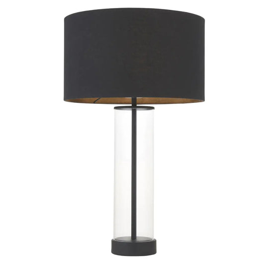 Louvre matt black iron and grass cylindrical table lamp, with matching black round shade. Perfect for living areas, bedrooms, dining rooms and entrance halls. Available in black and gold, from Albury House Interiors. 