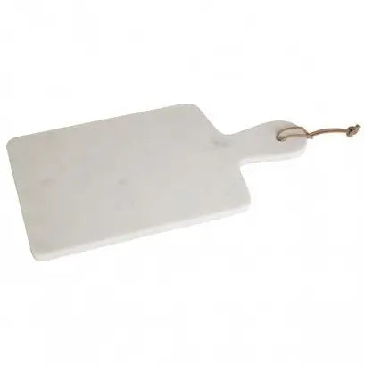 White natural marble paddle shaped chopping and serving board with handle and hanging string. Perfect for preparing food or serving picky bits and charcuterie boards. Available to purchase at  Albury House Interiors, homewares shop in Essex. 