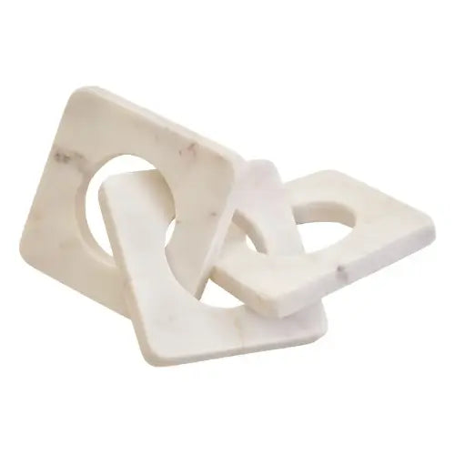 White natural marble three square link chain sculpture, perfect for displaying on top of designer or informative coffee table books, on coffee table, console tables, or shelves. Available at Albury House Interiors. 