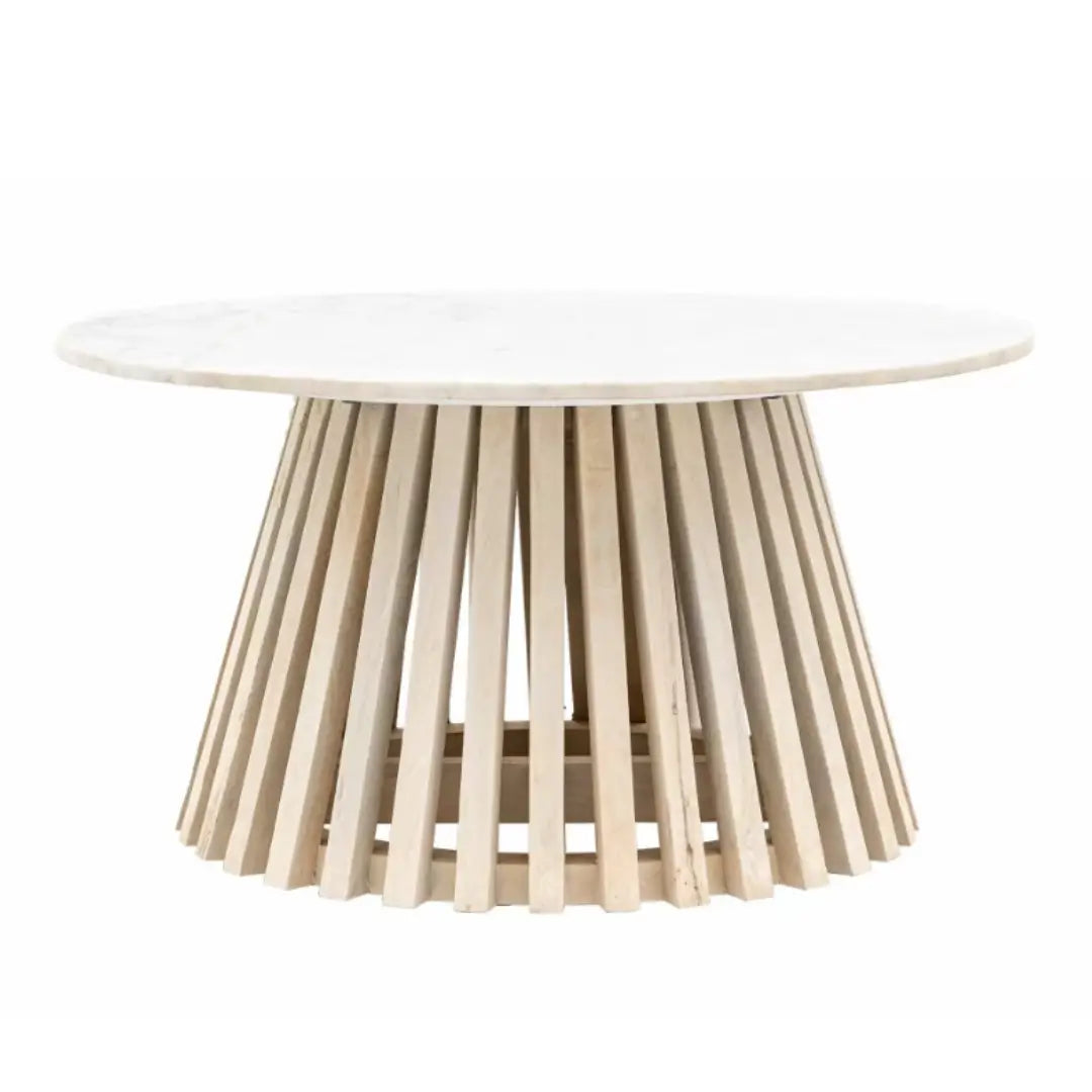 Mayfair round coffee table crafted from whitewashed mango wood and sand blasted for effect, complete with natural white veined marble top. This range is available to purchase from Albury House Interiors, Essex. 