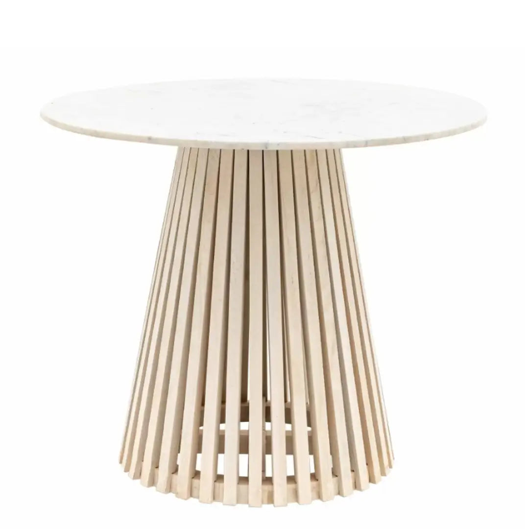 Mayfair circle shaped dining table with natural white veined marble top and whitewashed mango wood base, sandblasted for effect. Whole range available to purchase from Albury House Interiors. 