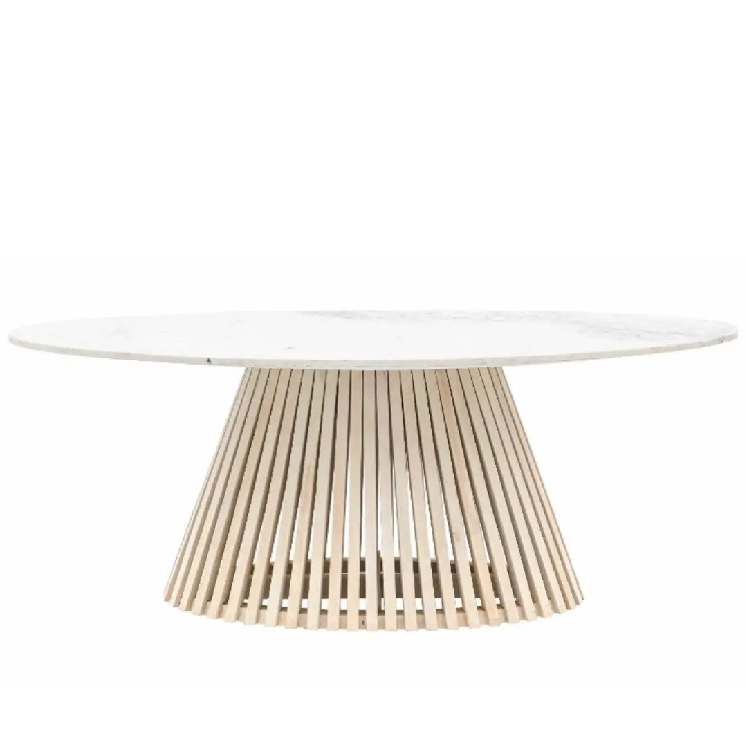 Mayfair oval shaped dining table with natural white veined marble top and whitewashed mango wood base, sandblasted for effect. Can sit 4-6 people. Whole range available to purchase from Albury House Interiors. 