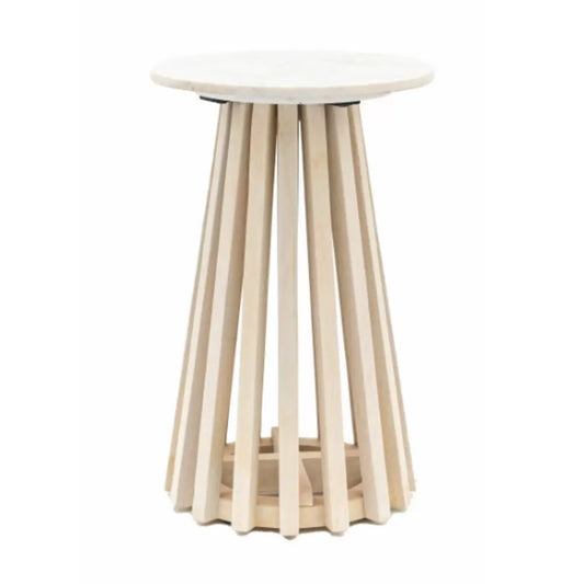 Mayfair side table crafted from natural white and grey veined marble, with whitewashed mango wood slatted base, sand blasted for effect. Whole range available to purchase from Albury House Interiors.