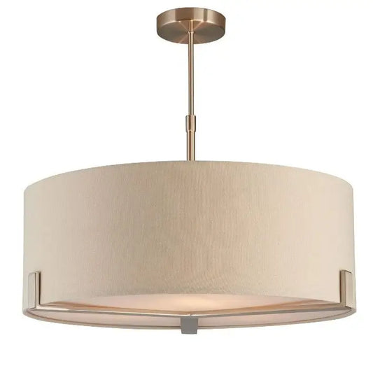 Minnesota round ceiling light with a brushed nickel finish, featuring three lightbulbs and a neutral-colored linen-effect lampshade. Available for purchase at Albury House Interiors.