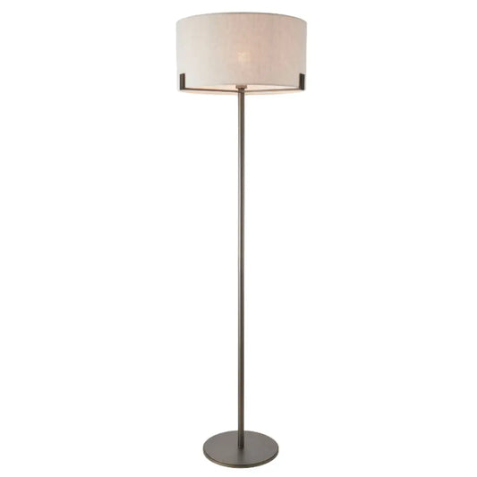 Minnesota floor lamp with dark brushed bronze base and metalwork, finished with a beautiful natural linen lampshade, available in small and large at Albury House Interiors. 