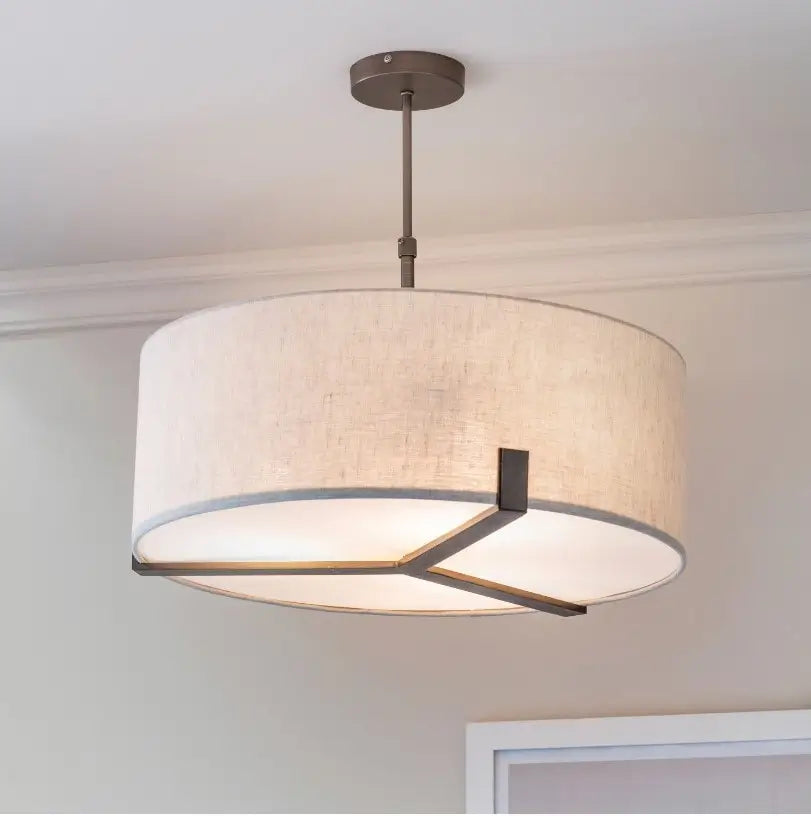Minnesota round ceiling light, dark brushed bronze with 3 lightbulbs, finished with a linen effect lampshade at Albury House Interiors 