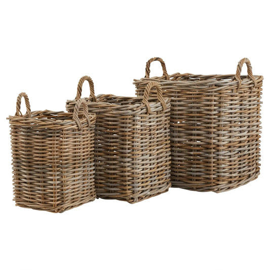 Mona set of three square rattan baskets with handles, perfect for storing kindling or cosy blankets. Available to purchase from Albury House Interiors. 