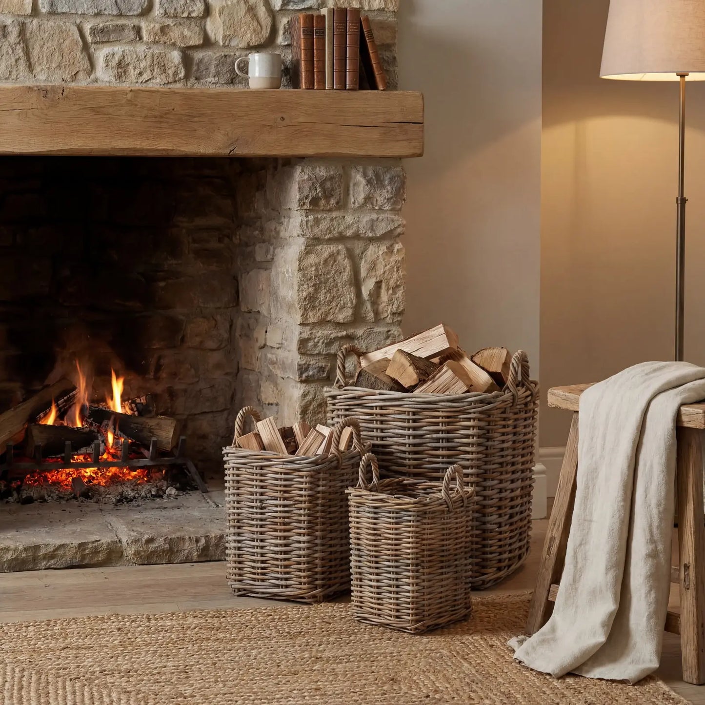 Mona set of three square rattan baskets with handles, perfect for storing kindling or cosy blankets. Available to purchase from Albury House Interiors. 