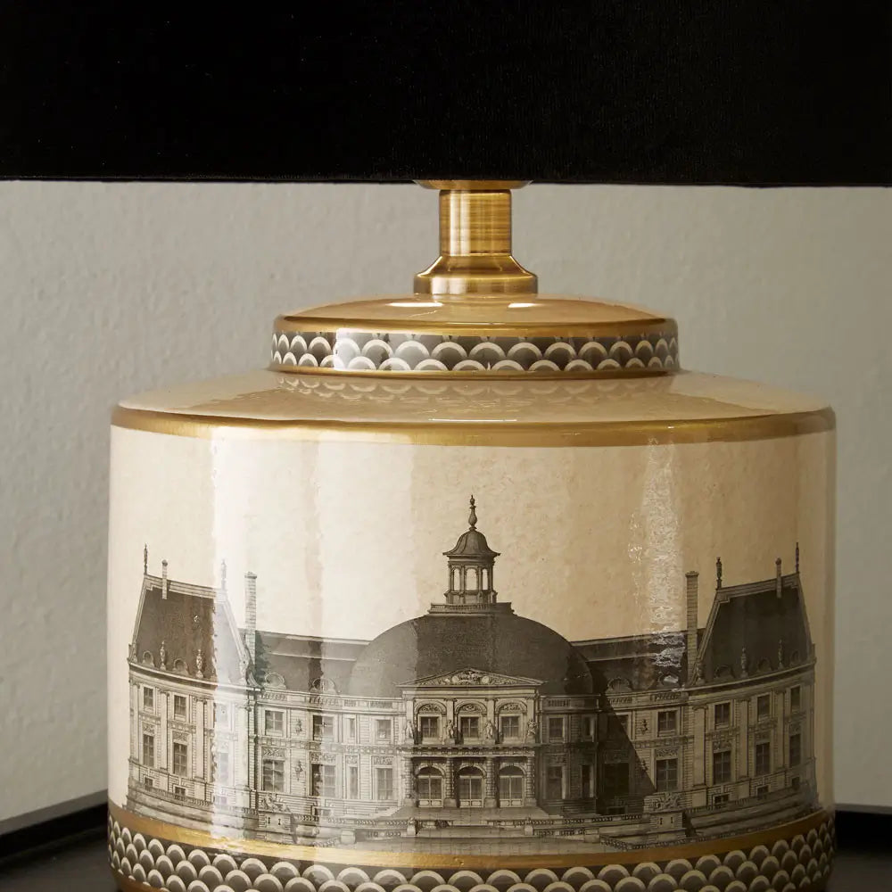 monochrome-black-and-cream-squat-table-lamp-squat-base-with-architectural-buildings-and-gold-detailing-at-albury-house-interiors