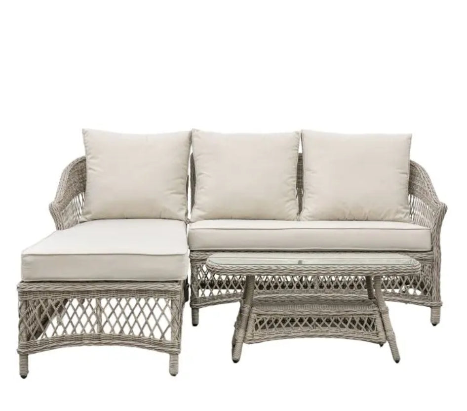 Moreton Chaise set, all weather, stone coloured rattan chaise sofa with matching weather proof cushions. Pretty open weave rattan glass topped table, available at Albury House Interiors.