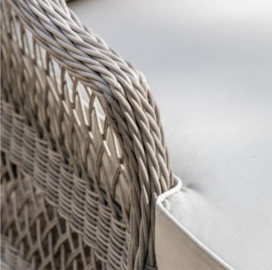 Moreton Chaise set, all weather, stone coloured rattan chaise sofa with matching weather proof cushions. Pretty open weave rattan glass topped table, available at Albury House Interiors.