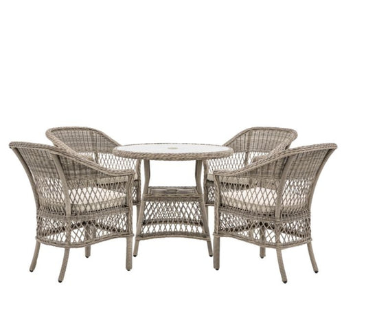 Moreton stone grey colour rattan outdoor furniture, 6 chairs and a glass topped round dining table with showerproof seat and back cushions, available at Albury House Interiors