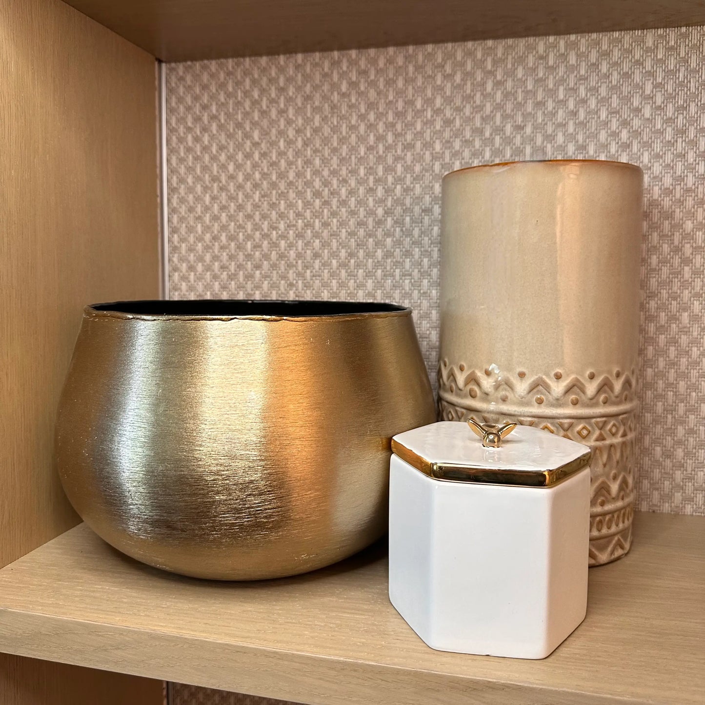 morley-brushed-gold-bowl-planter-with-neutral-patterned-ceramic-vase-and-ceramic-white-bee-trinket-pot-at-albury-house-interiors-