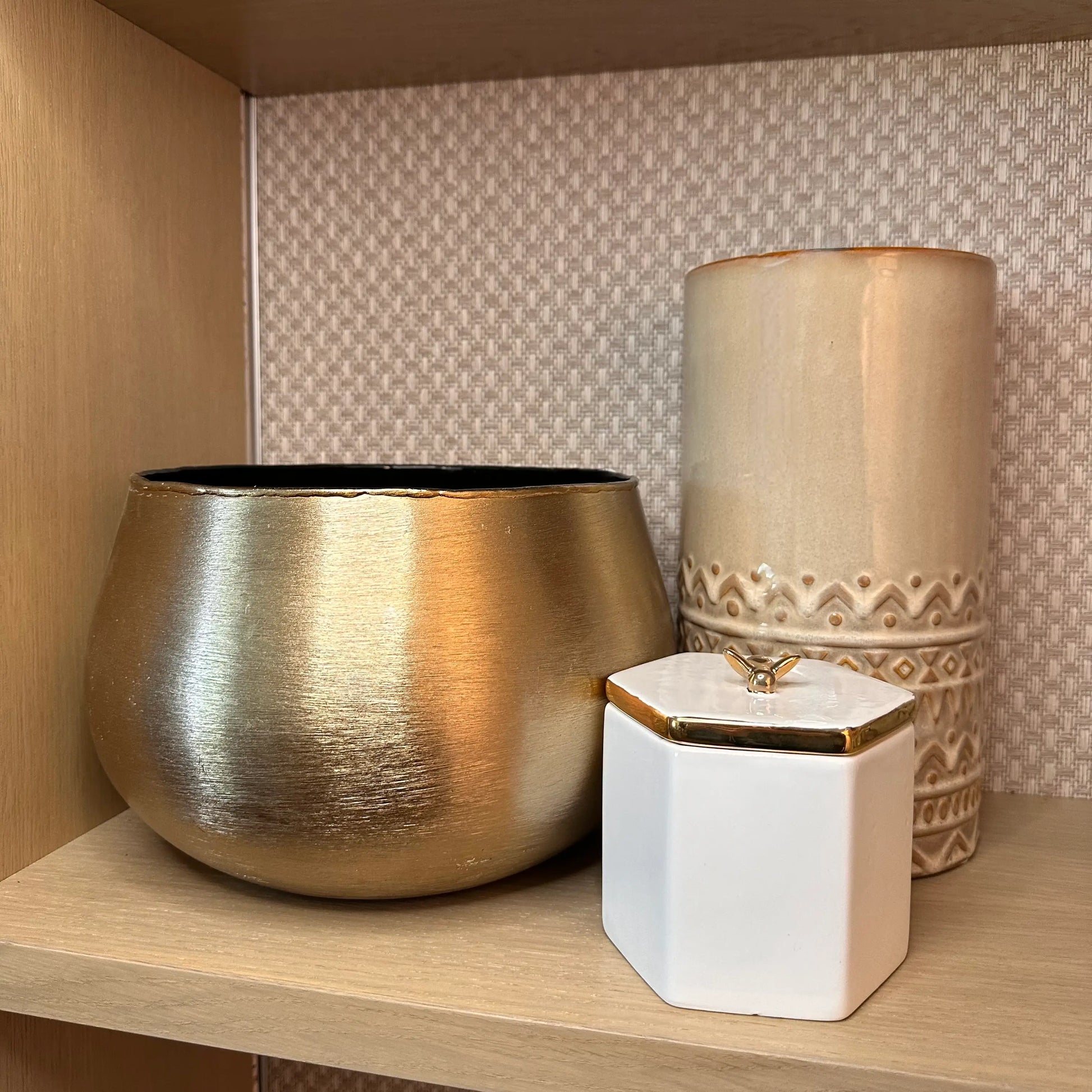 morley-brushed-gold-bowl-planter-with-neutral-patterned-ceramic-vase-and-ceramic-white-bee-trinket-pot-at-albury-house-interiors-