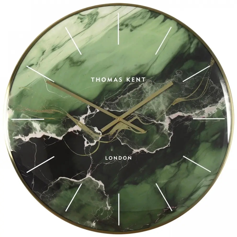 Naples round wall clock with emerald green, white and gold swirls throughout creating a marble effect. Finished with a glass domed front and gold rim with matching hands. Available to purchase at Albury House Interiors. 