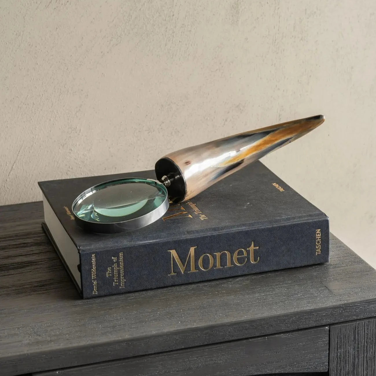 Natural horn magnifying glass crafted from recycled buffalo horn, available to purchase at Albury House Interiors, Essex. 