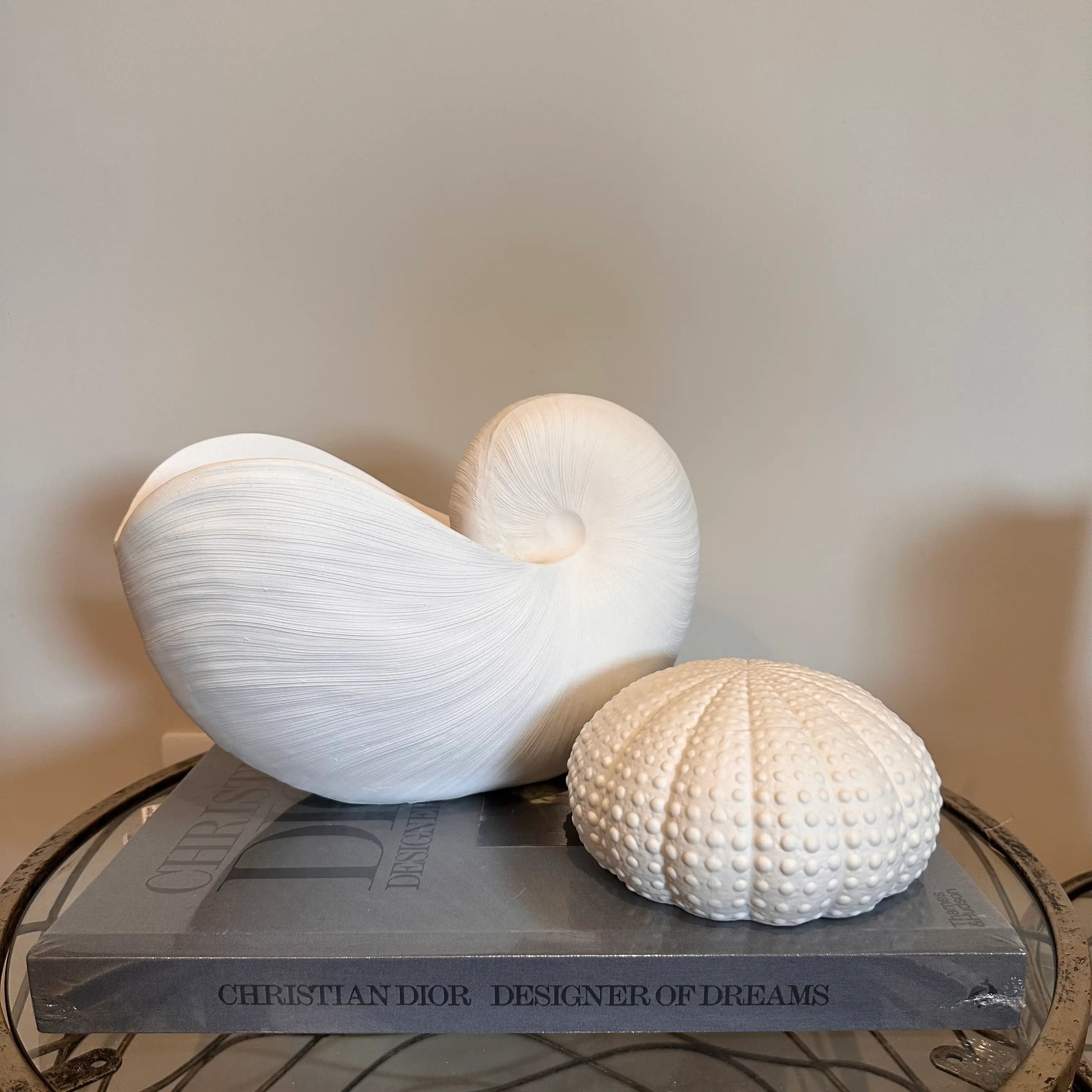 white-nautilus-swirl-shell-bowl-ornament-with-small-ceramic-urchin-at-albury-house-interiors