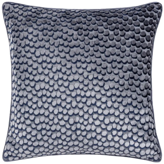 Square navy velvet cushion with bubble effect pattern on front face and plain soft velvet on the reverse side, with matching piped edges. Available at Albury House Interiors, home decor store in Essex.