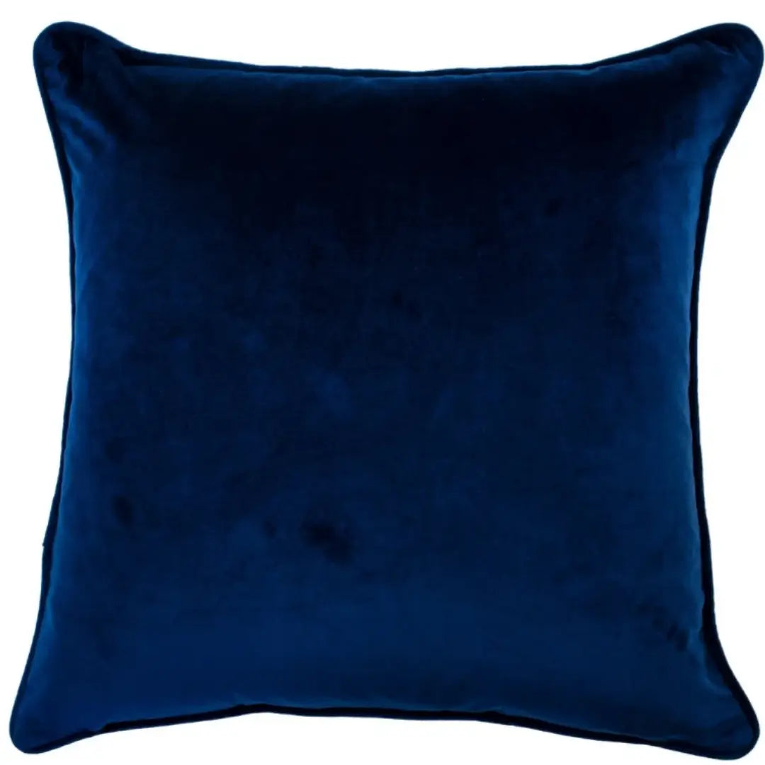 Navy blue square velvet cushion, with embroidered crane birds and delicate tree and leaf detailing, at Albury House Interiors