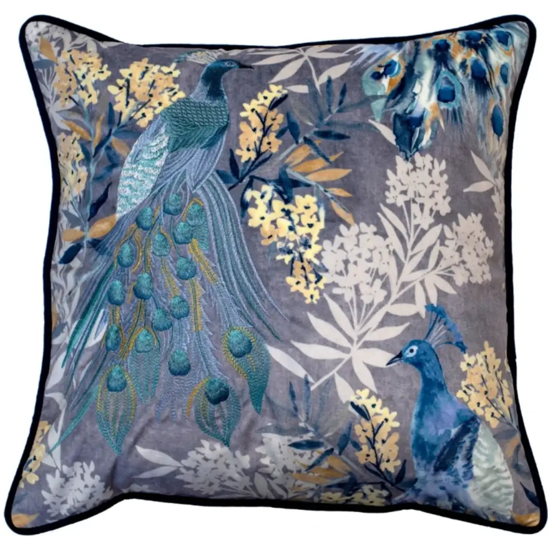 Navy blue square velvet cushion with floral design and embroidered peacocks and matching navy blue piped edge, complete with feather insert. Available to purchase at Albury House Interiors.