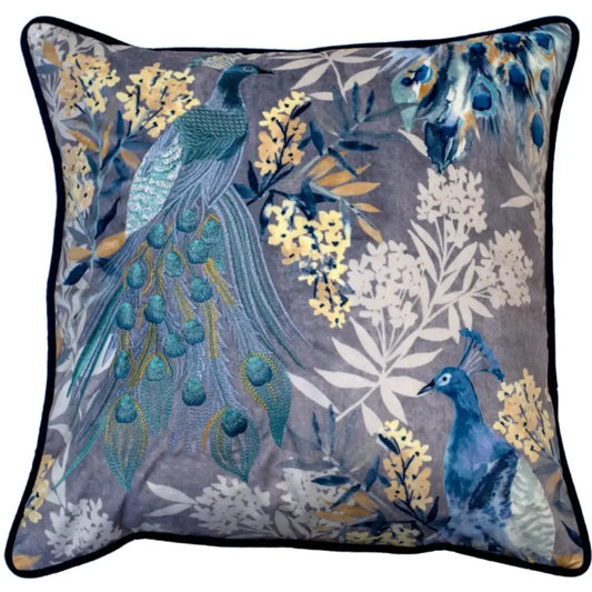 Navy blue square velvet cushion with floral design and embroidered peacocks and matching navy blue piped edge, complete with feather insert. Available to purchase at Albury House Interiors.