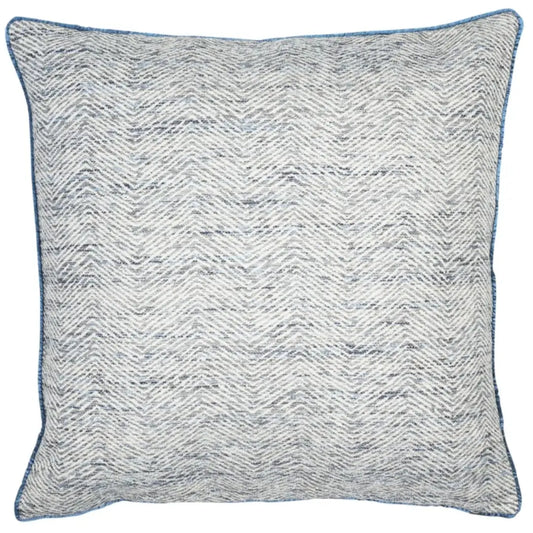 Navy zig zag patterned square cushion with matching piped edges and feather filled insert, available to purchase at Albury House Interiors.