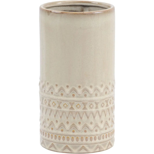 neutral-beige-aztec-patterned-cylindrical-vase-with0face-at-albury-house-interiors