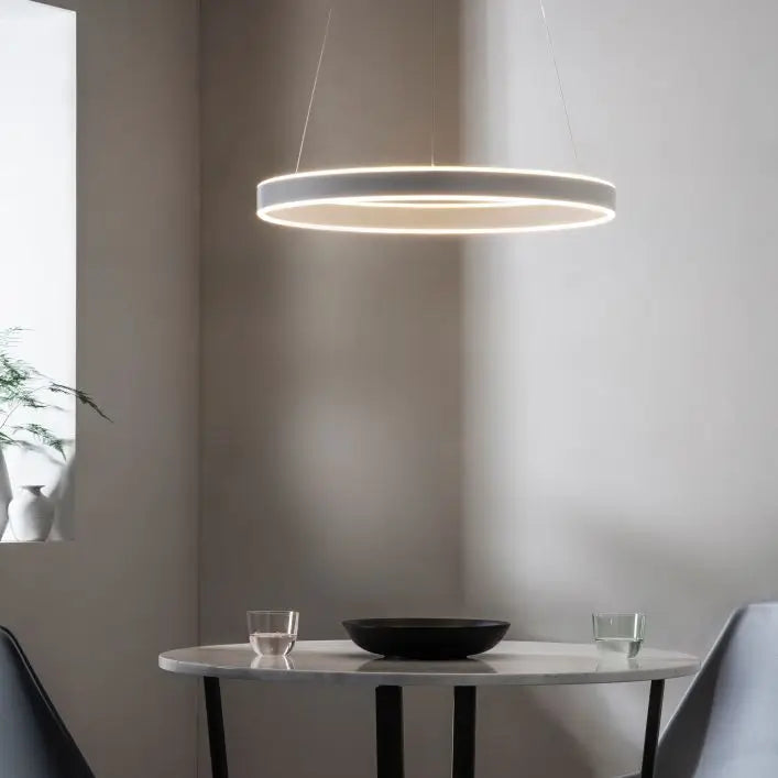 Nickel round halo ceiling light, suspended from thin wires giving a beautiful glow in living rooms, kitchens, bedrooms, dressing rooms. Available at Albury House Interiors, Matching Tye, Essex. 