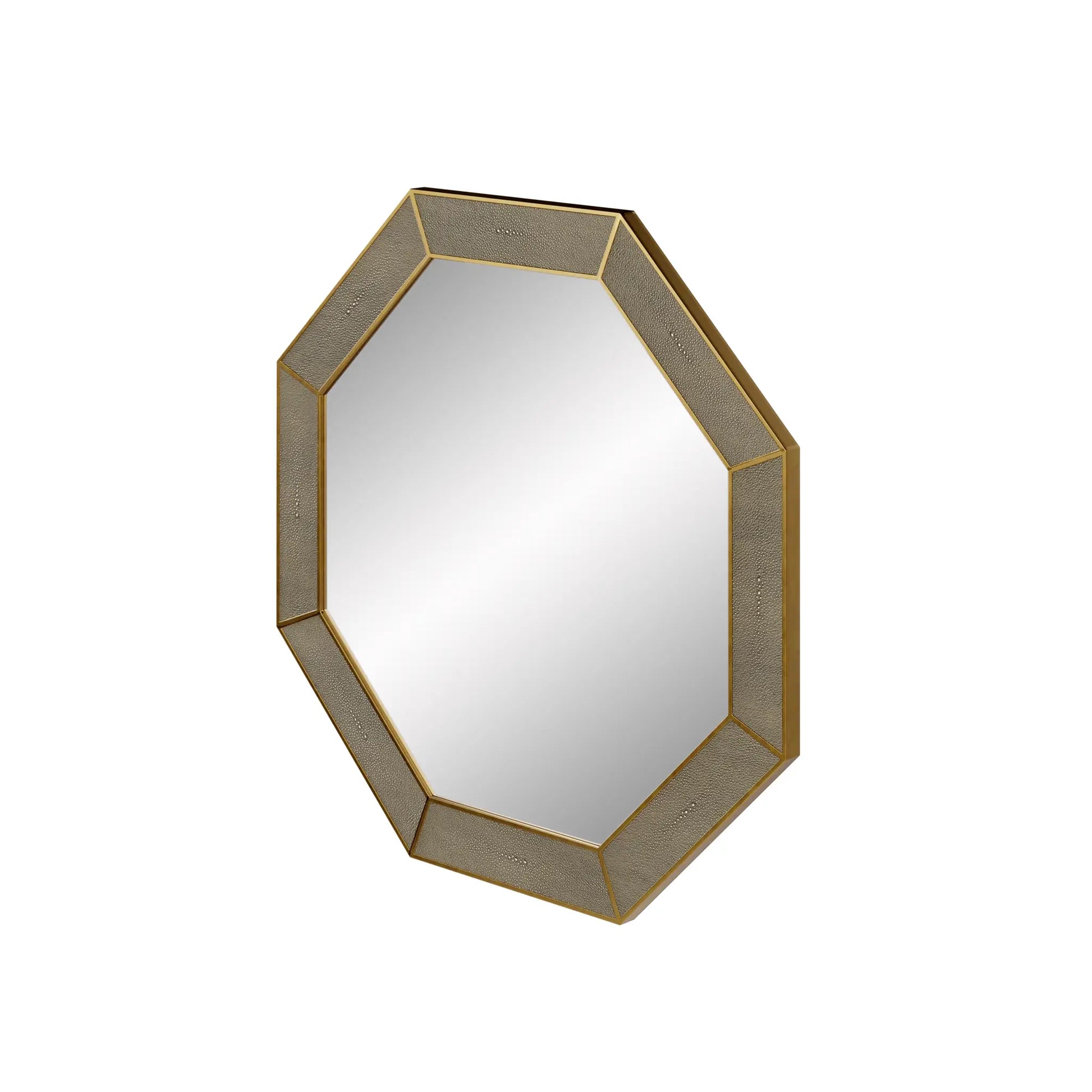 Grey shagreen wall hanging mirror with brass inlay edges in octagonal shape, available to purchase from Albury House Interiors. 
