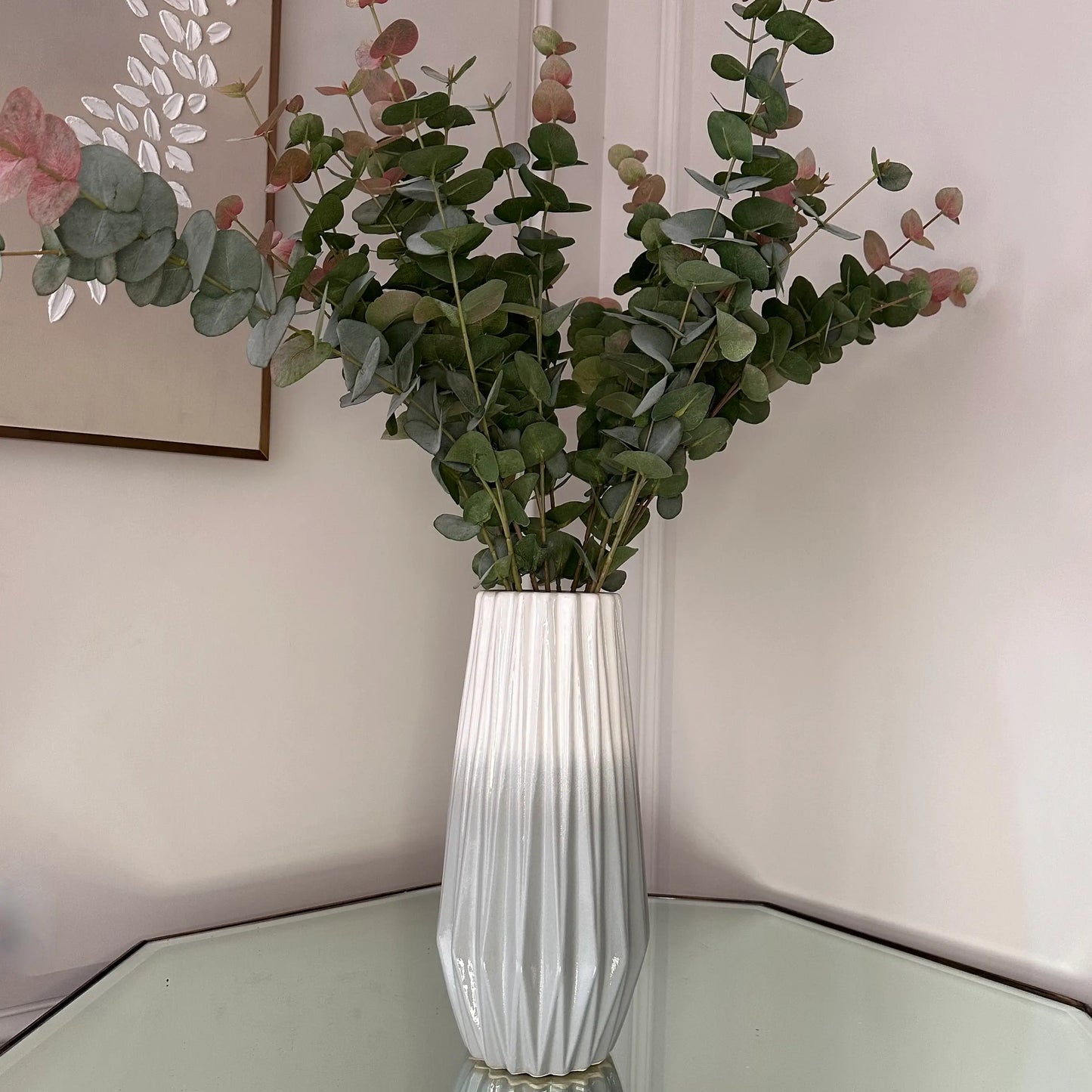Ombre grey and white dipped effect vases in size large with abstract detail all over, showcasing faux eucalyptus. Available to purchase at Albury House Interiors, Matching Tye Essex. 