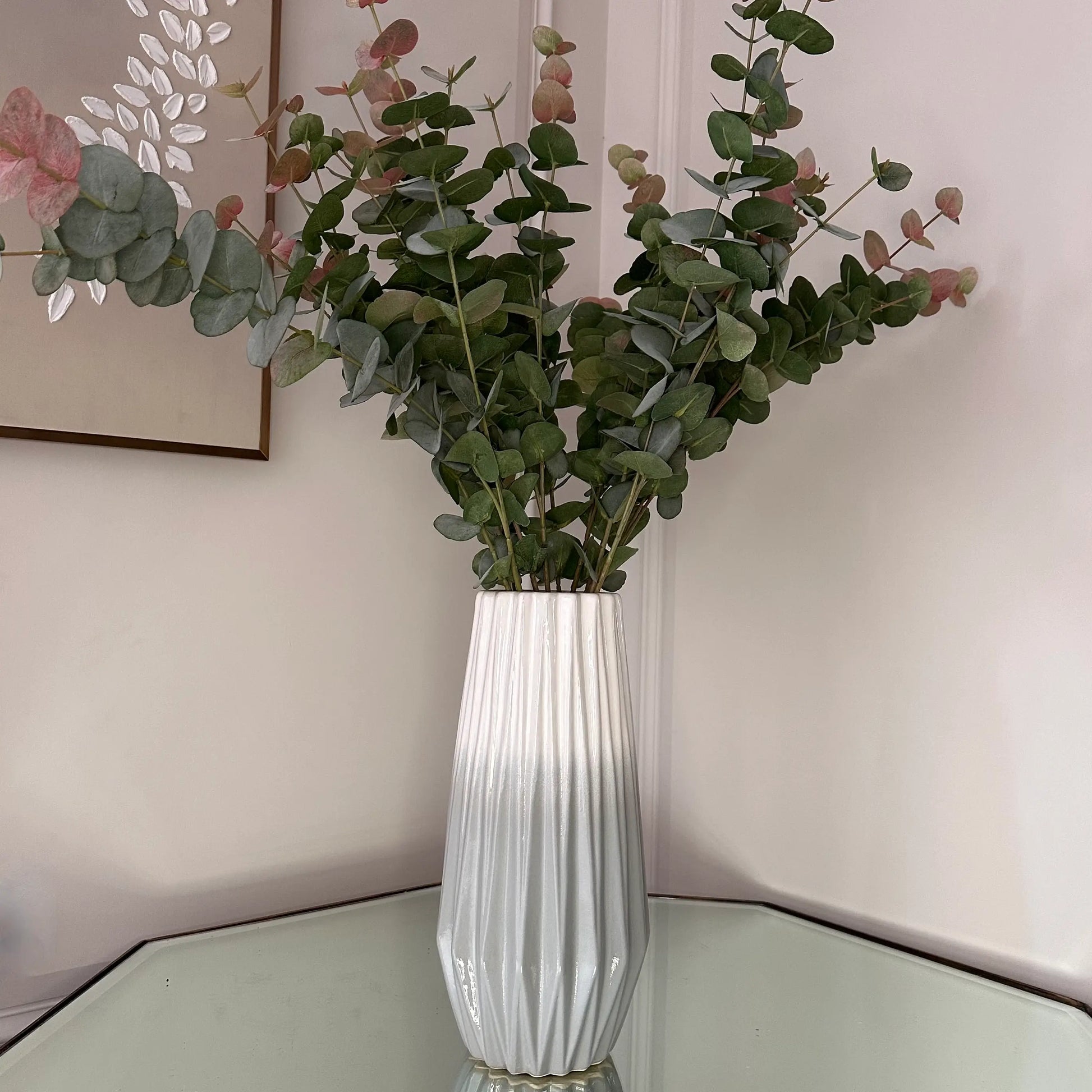 Ombre grey and white dipped effect vases in size large with abstract detail all over, showcasing faux eucalyptus. Available to purchase at Albury House Interiors, Matching Tye Essex. 