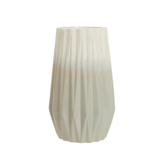 Ombre grey and white dipped effect vases in size small with abstract detail all over, showcasing faux white hydrangeas. Available to purchase at Albury House Interiors, Matching Tye Essex. 