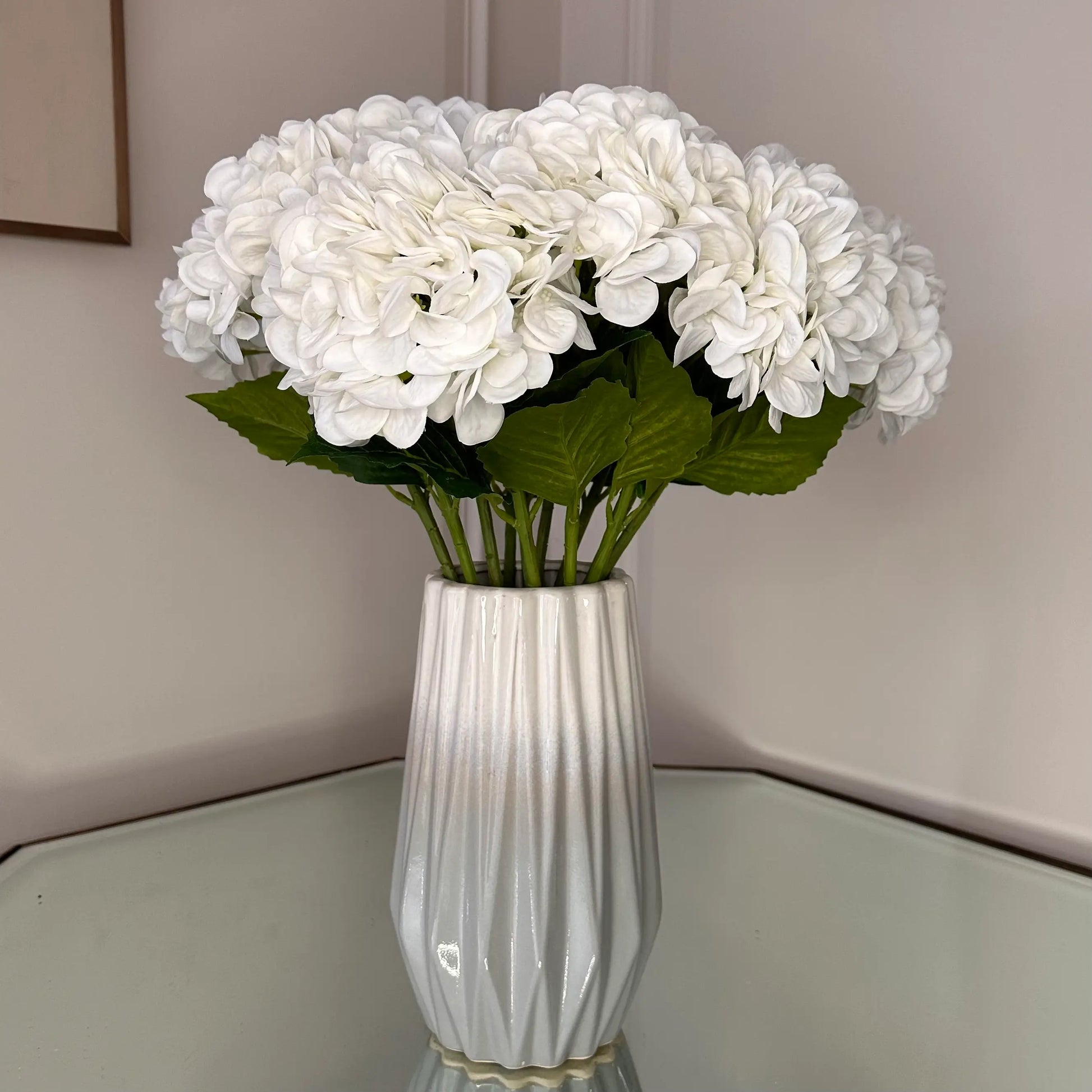 Ombre grey and white dipped effect vases in size small with abstract detail all over, showcasing faux white hydrangeas. Available to purchase at Albury House Interiors, Matching Tye Essex. 
