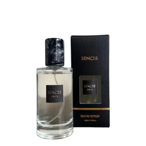 Sences onyx roomspray in alang alang scent with lack marbled lid and matching gift box. Available to purchase at Albury House Interiors.