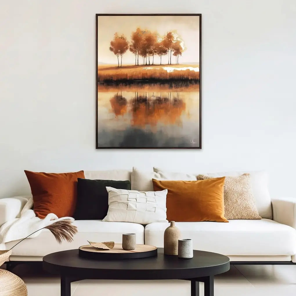 copper-orange-golden-sunset-trees-reflected-in-lake-canvas-wall-art-with-dark-wooden-frame-at-albury-house-interiors-essex