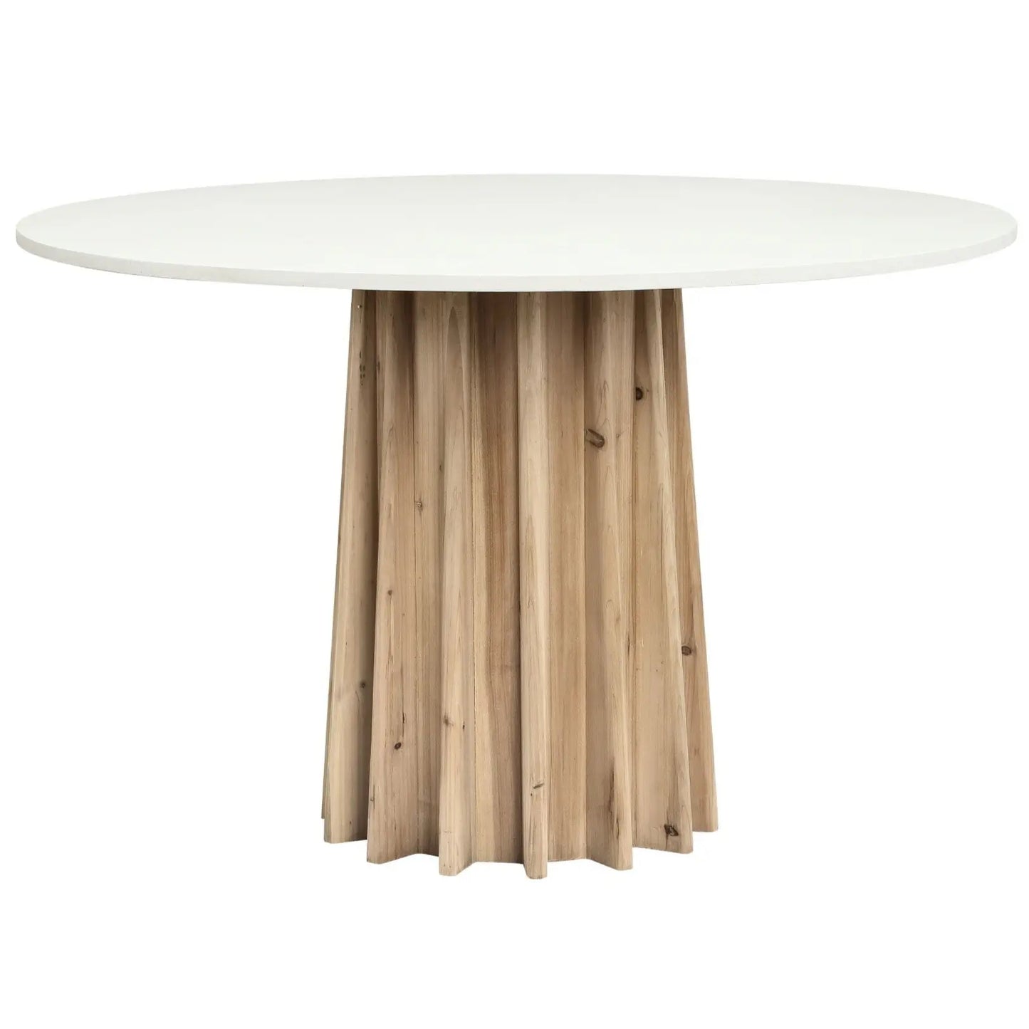 Round dining table with concrete table top finished in white, supported by a pine wood corrugated base. Available to purchase from Albury House Interiors.