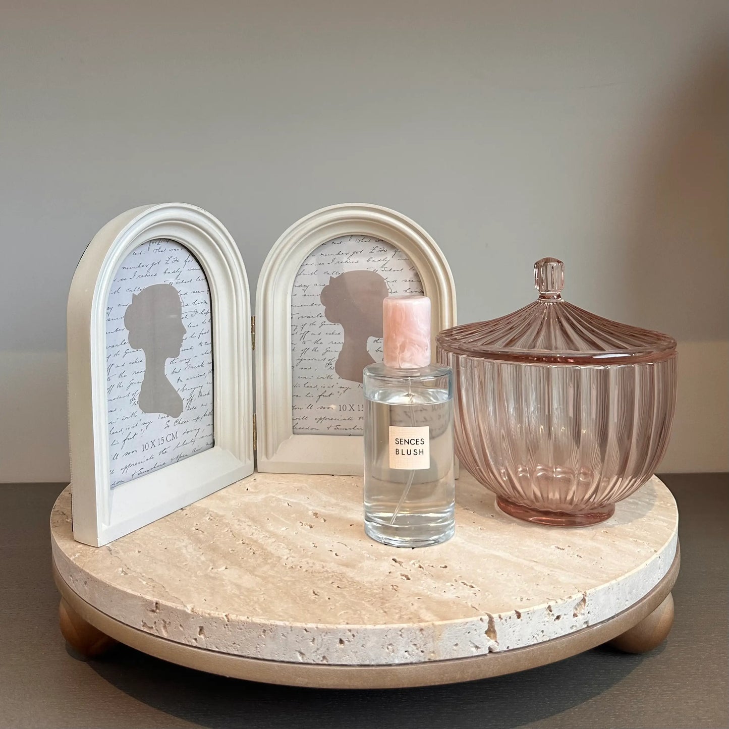 artdeco-blush-pink-ribbed-pleated-glass-trinket-jar-with-lid-blush-roomspray-double-arched-shape-photoframe-on-terrazzo-natural-stone-tray-with-ball-feet-at-albury-house-interiors-home-store-essex