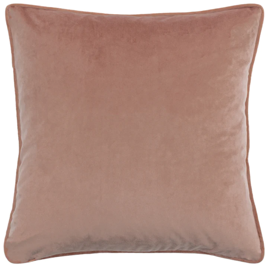 Pink plush velvet Wellington patterned square cushion, with matching pink piping and reverse. Complete with feather filled insert, available to purchase from Albury House Interiors, Essex. 